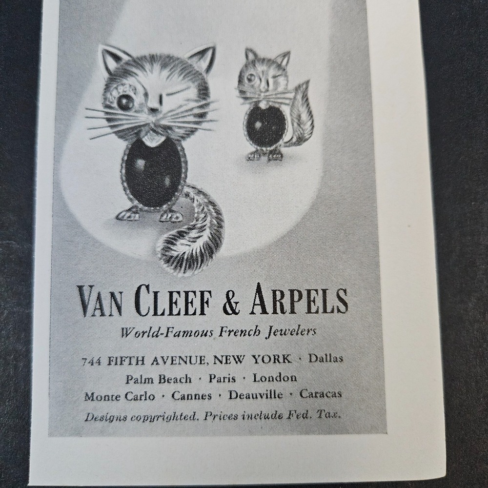 1957 Van Cleef & Arpels Jewelers Vintage‎ Print Ad Winking Cat Bergdorf Goodman